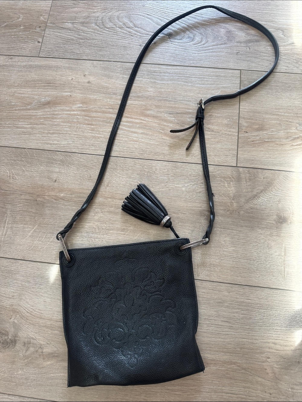 Brighton Black Leather Embossed Crossbody with Braided Strap & Tassel